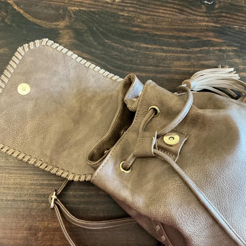 Brown Faux Leather Mini Backpack Tassel Whipstitch Boho Drawstring Bag